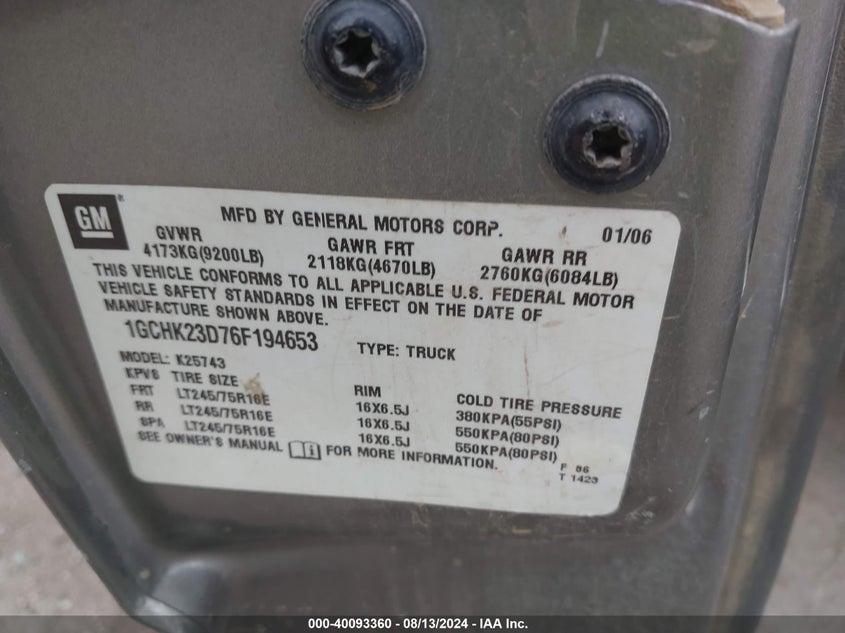 2006 Chevrolet Silverado 2500Hd Lt1 VIN: 1GCHK23D76F194653 Lot: 40093360