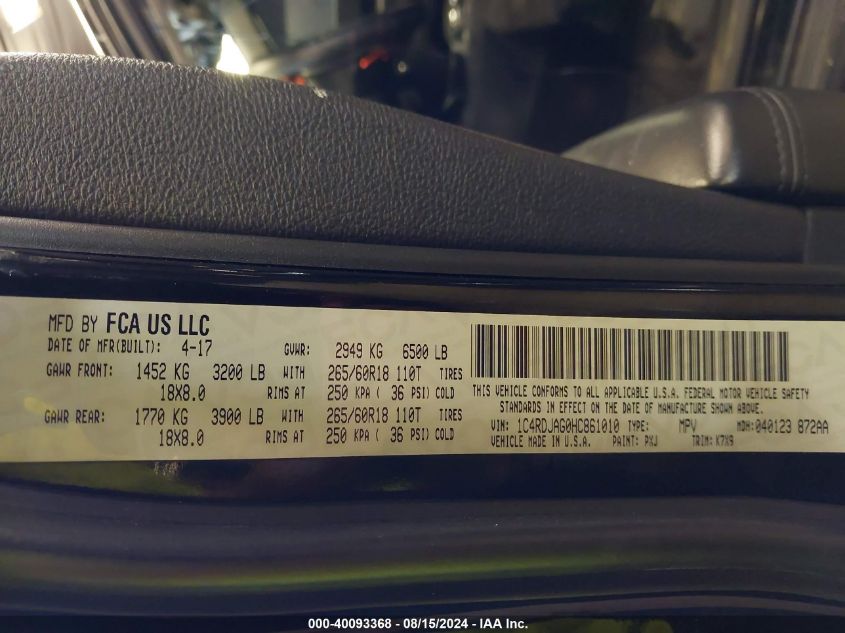 2017 Dodge Durango Sxt Awd VIN: 1C4RDJAG0HC861010 Lot: 40093368