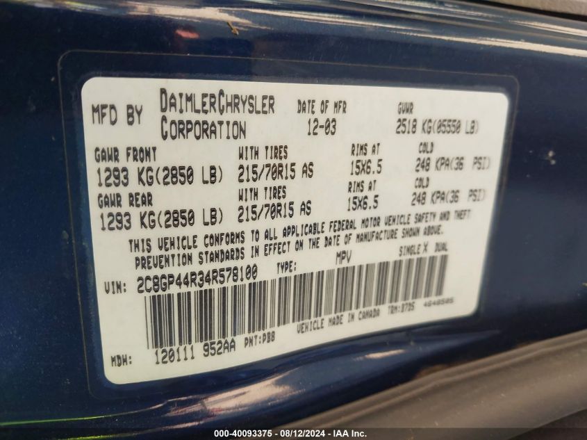 2004 Chrysler Town & Country Lx VIN: 2C8GP44R34R578100 Lot: 40093375