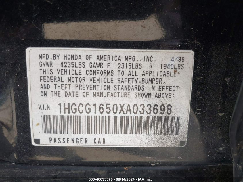 1999 Honda Accord Ex V6 VIN: 1HGCG1650XA033698 Lot: 40093376