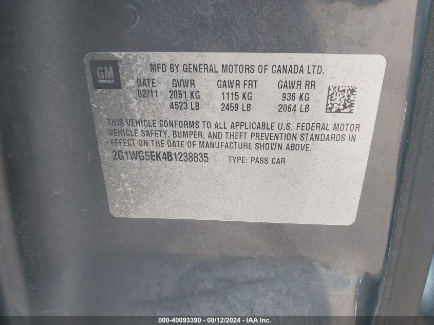 2011 Chevrolet Impala Lt VIN: 2G1WG5EK4B1238835 Lot: 40093390