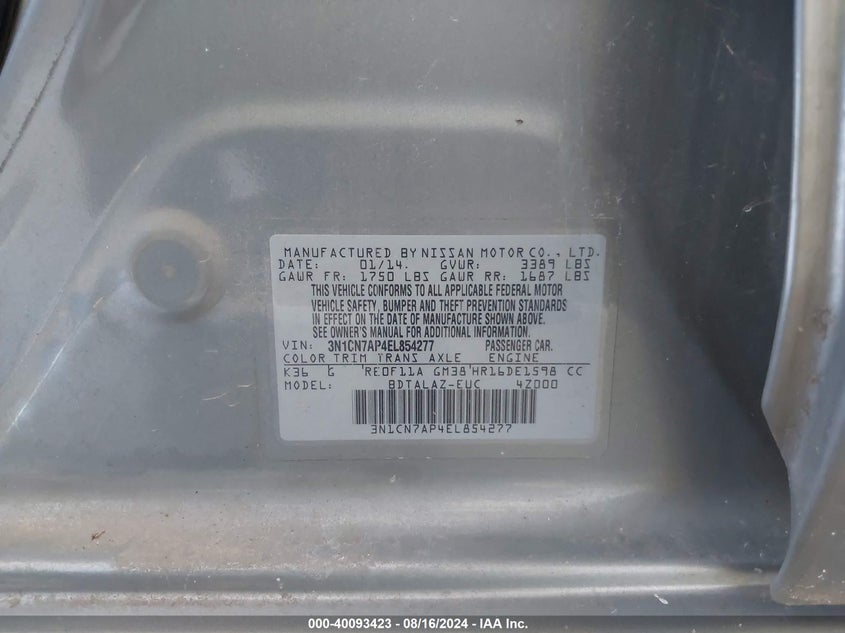 2014 Nissan Versa 1.6 S+ VIN: 3N1CN7AP4EL854277 Lot: 40093423