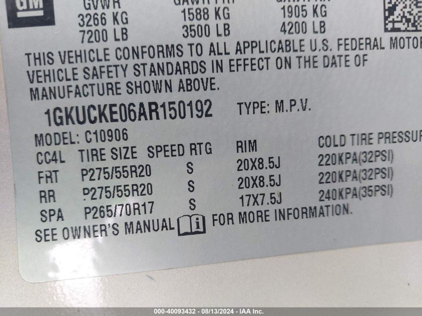 2010 GMC Yukon Xl 1500 Slt VIN: 1GKUCKE06AR150192 Lot: 40093432