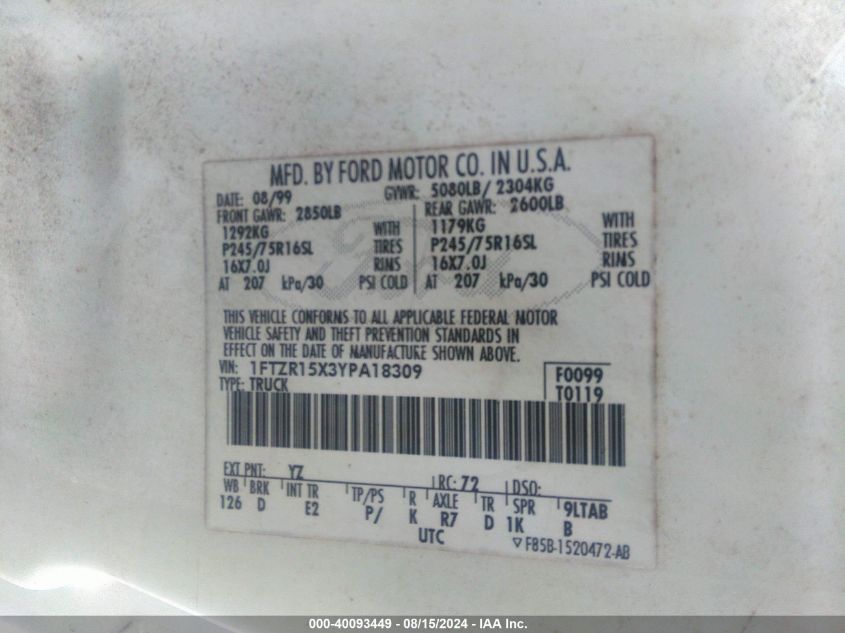 2000 Ford Ranger Xlt VIN: 1FTZR15X3YPA18309 Lot: 40093449