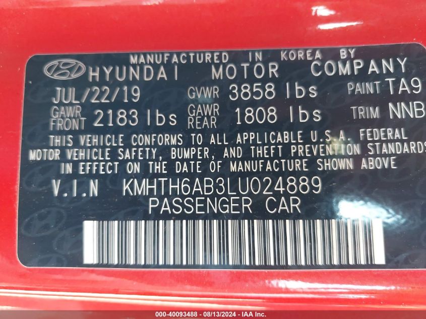 2020 Hyundai Veloster Turbo VIN: KMHTH6AB3LU024889 Lot: 40093488