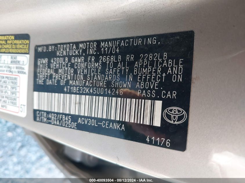 2005 Toyota Camry Std VIN: 4T1BE32K45U014246 Lot: 40093504