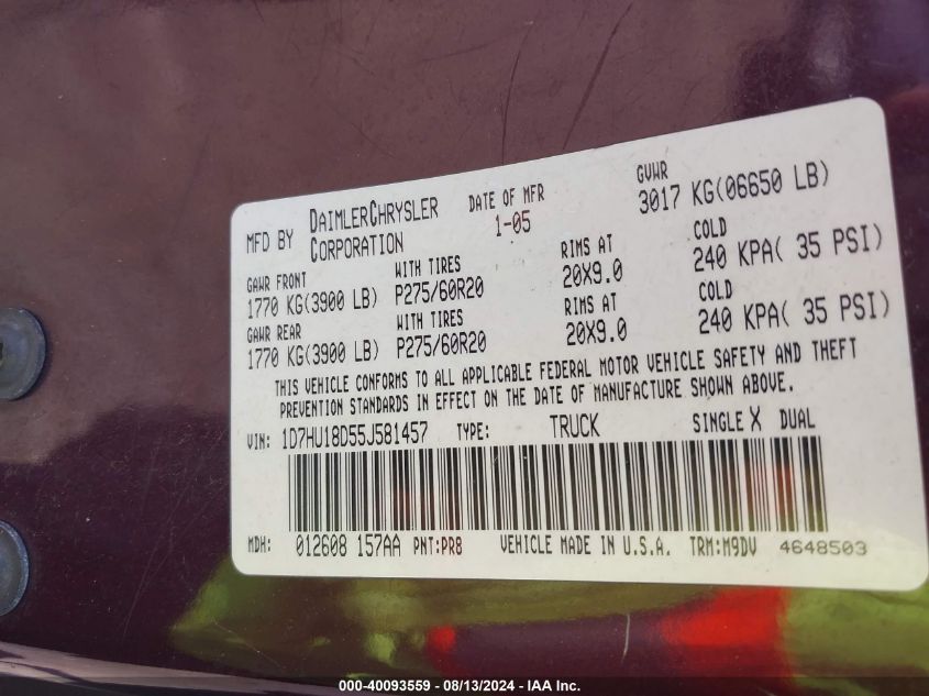 2005 Dodge Ram 1500 Slt/Laramie VIN: 1D7HU18D55J581457 Lot: 40093559
