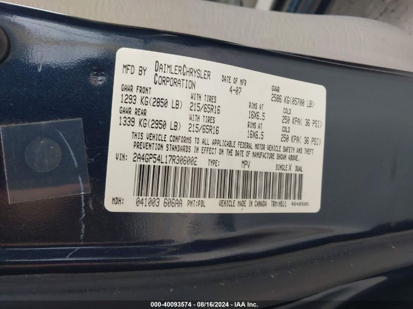2007 Chrysler Town & Country Touring VIN: 2A4GP54L17R306002 Lot: 40093574