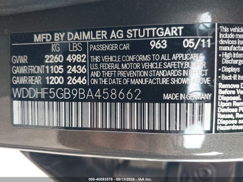 2011 Mercedes-Benz E 350 VIN: WDDHF5GB9BA458662 Lot: 40093578