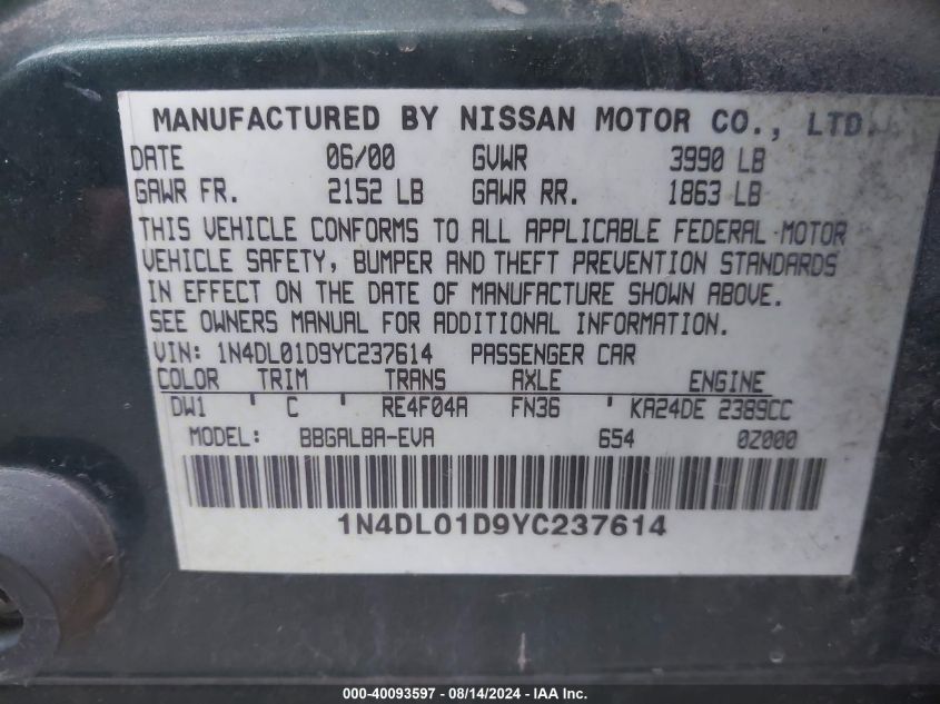 1N4DL01D9YC237614 2000 Nissan Altima Gle/Gxe/Se/Xe