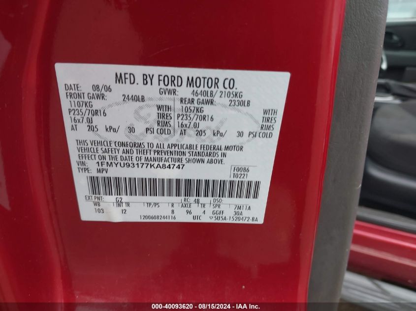 2007 Ford Escape Xlt VIN: 1FMYU93177KA84747 Lot: 40093620