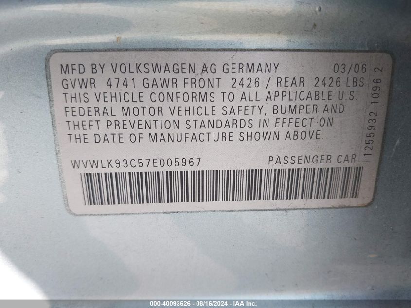 2007 Volkswagen Passat 2.0T VIN: WVWLK93C57E005967 Lot: 40093626