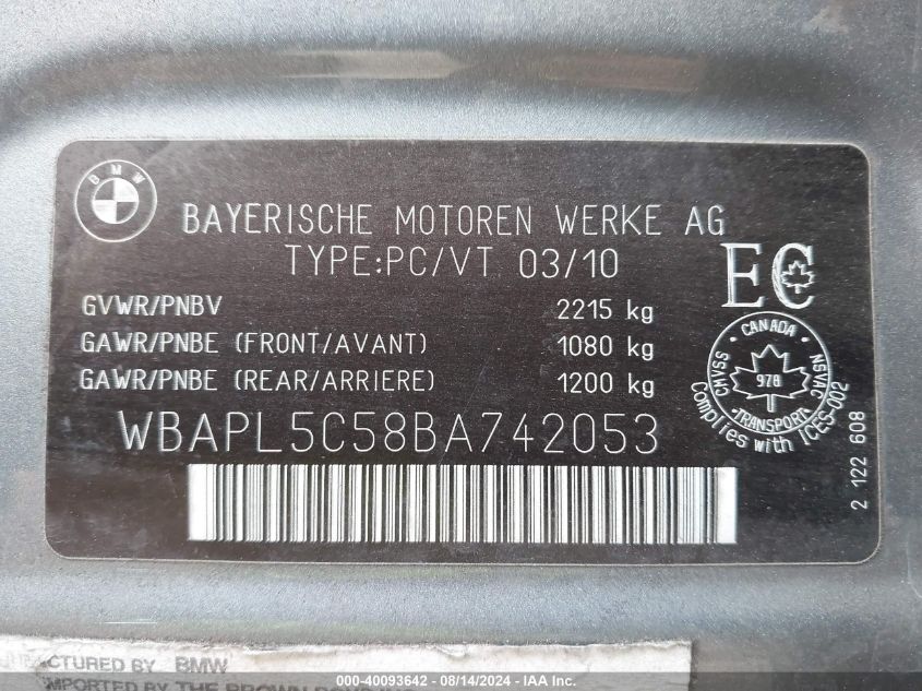 2011 BMW 335I xDrive VIN: WBAPL5C58BA742053 Lot: 40093642