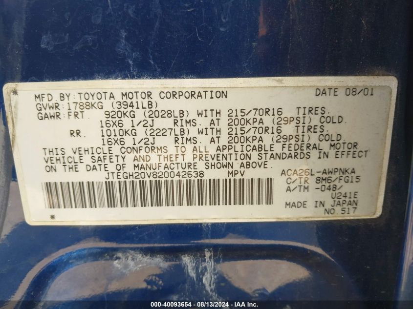 2002 Toyota Rav4 VIN: JTEGH20V820042638 Lot: 40093654