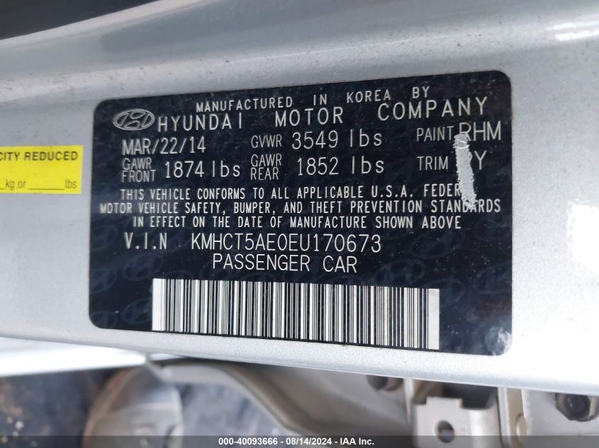 2014 Hyundai Accent Gs VIN: KMHCT5AE0EU170673 Lot: 40093666