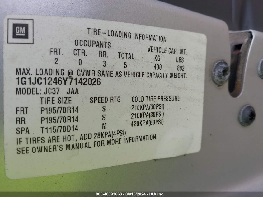 2000 Chevrolet Cavalier VIN: 1G1JC1246Y7142026 Lot: 40093668