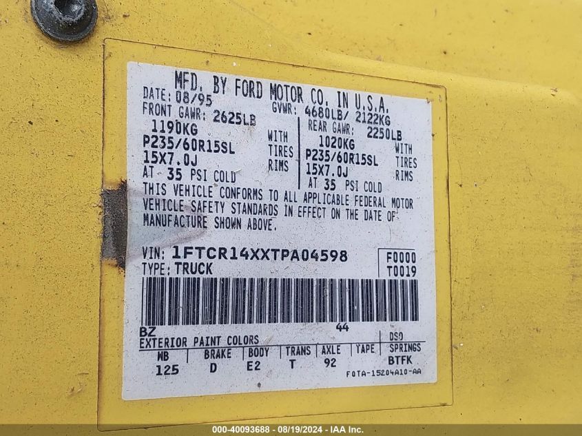 1996 Ford Ranger Super Cab VIN: 1FTCR14XXTPA04598 Lot: 40093688