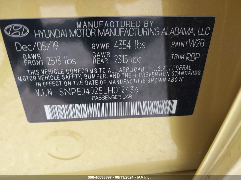 5NPEJ4J25LH012436 2020 Hyundai Sonata Sel Plus