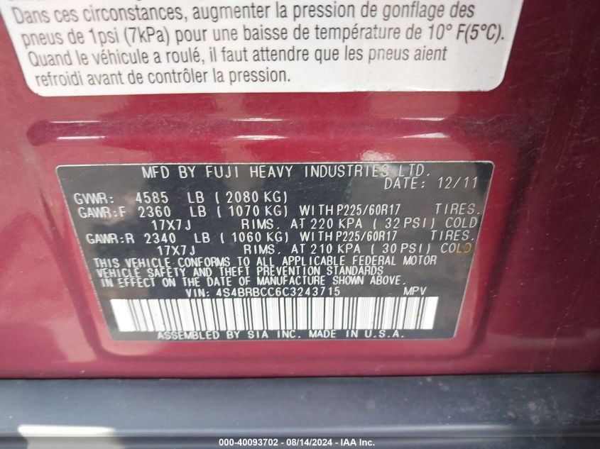 2012 Subaru Outback 2.5I Premium VIN: 4S4BRBCC6C3243715 Lot: 40093702