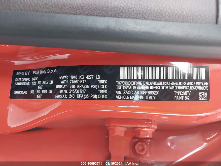 2015 Jeep Renegade Latitude VIN: ZACCJABT0FPB69201 Lot: 40093714