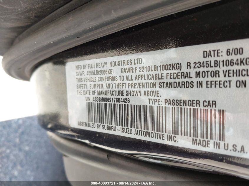 2001 Subaru Legacy Outback Limited VIN: 4S3BH686917604426 Lot: 40093721