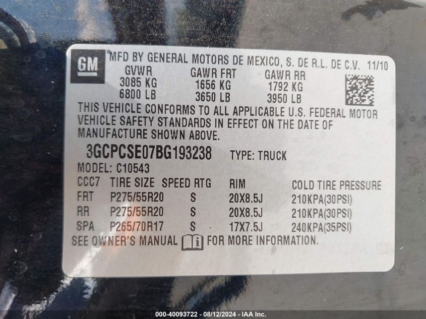 3GCPCSE07BG193238 2011 Chevrolet Silverado 1500 Lt