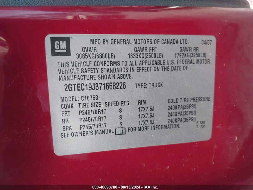 2007 GMC Sierra 1500 Sle1 VIN: 2GTEC19J371668226 Lot: 40093780