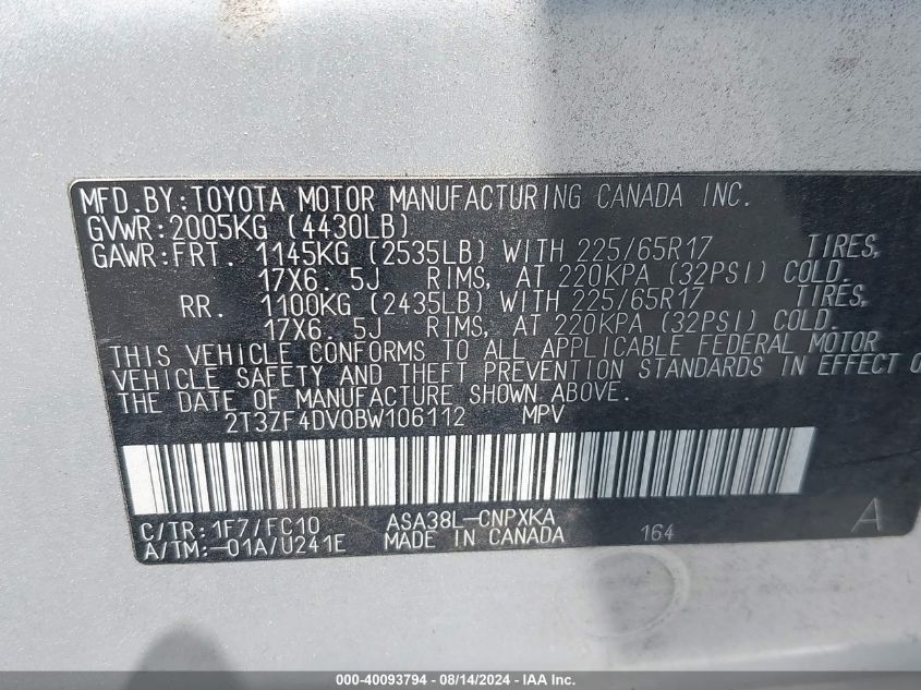 2011 Toyota Rav4 VIN: 2T3ZF4DV0BW106112 Lot: 40093794