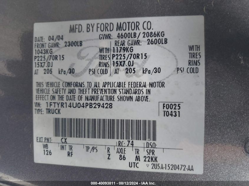 2004 Ford Ranger Edge/Tremor/Xl/Xlt VIN: 1FTYR14U04PB29428 Lot: 40093811