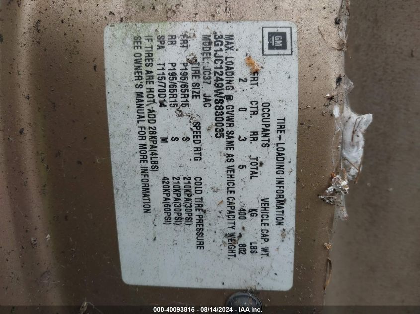 1998 Chevrolet Cavalier Base Cmi VIN: 3G1JC1249WS830035 Lot: 40093815