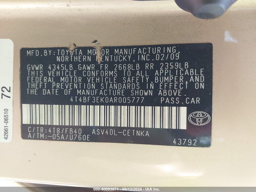2010 Toyota Camry Le/Se/Xle VIN: 4T4BF3EK0AR005777 Lot: 40093871