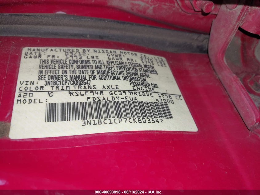 2012 Nissan Versa 1.8 S VIN: 3N1BC1CP7CK803547 Lot: 40093898