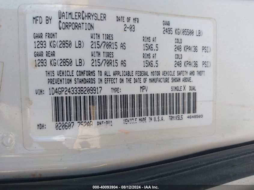 2003 Dodge Grand Caravan Se VIN: 1D4GP24333B209917 Lot: 40093904