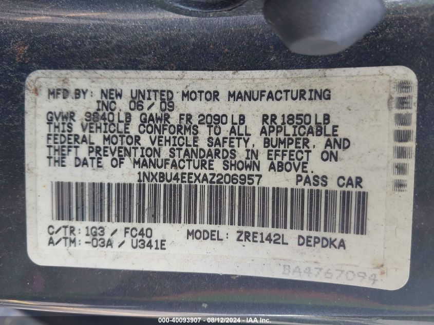 2010 Toyota Corolla Le VIN: 1NXBU4EEXAZ206957 Lot: 40093907