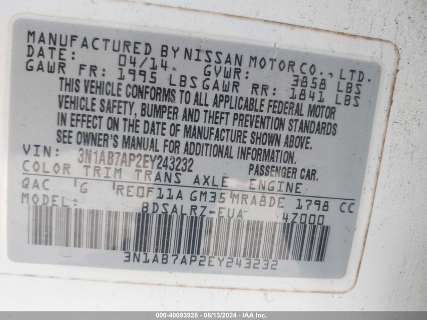 2014 Nissan Sentra Sr VIN: 3N1AB7AP2EY243232 Lot: 40093928