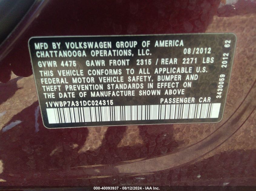 2013 Volkswagen Passat 2.5L Se VIN: 1VWBP7A31DC024315 Lot: 40093937