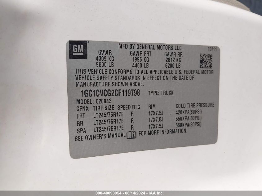 2012 Chevrolet Silverado 2500Hd Work Truck VIN: 1GC1CVCG2CF119798 Lot: 40093954