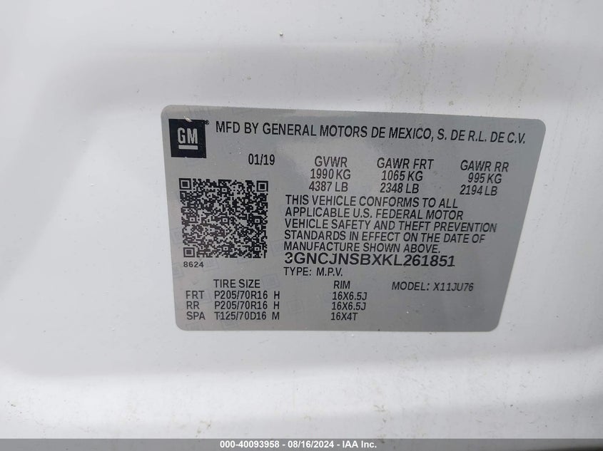 2019 CHEVROLET TRAX LS - 3GNCJNSBXKL261851