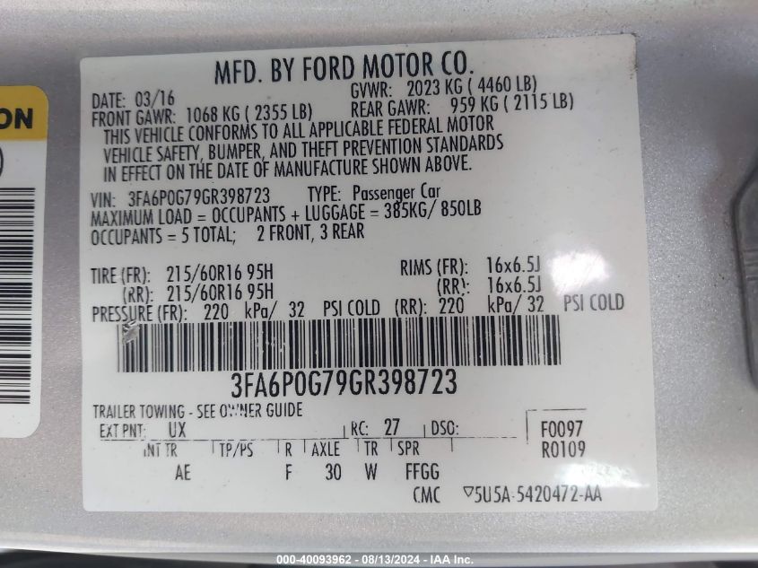 2016 FORD FUSION S - 3FA6P0G79GR398723