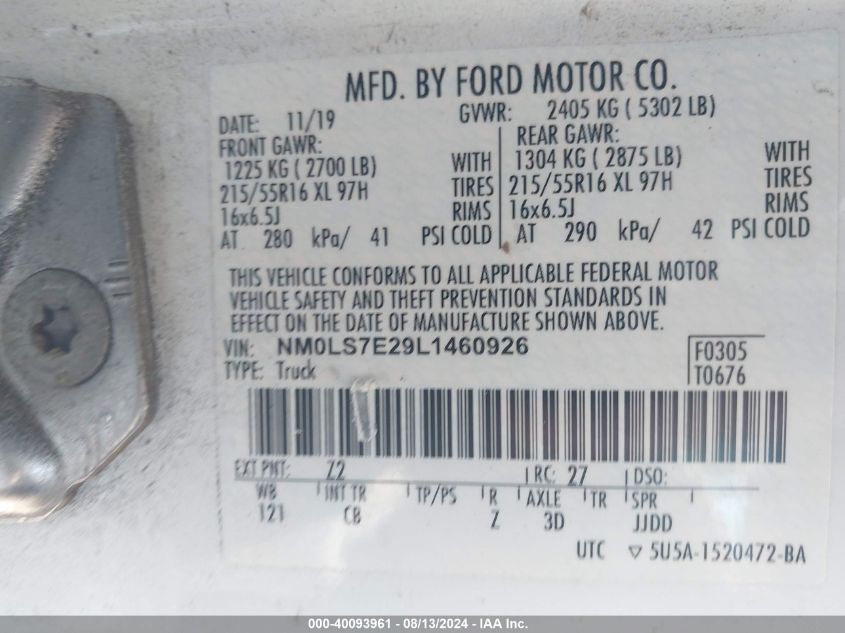 2020 Ford Transit Connect Xl VIN: NM0LS7E29L1460926 Lot: 40093961