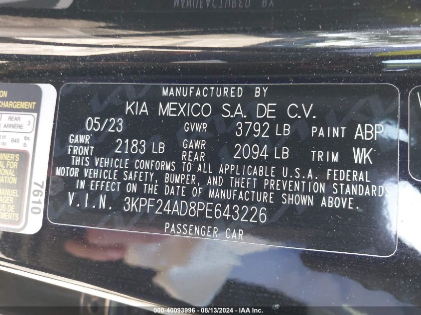 2023 Kia Forte Lxs VIN: 3KPF24AD8PE643226 Lot: 40093996