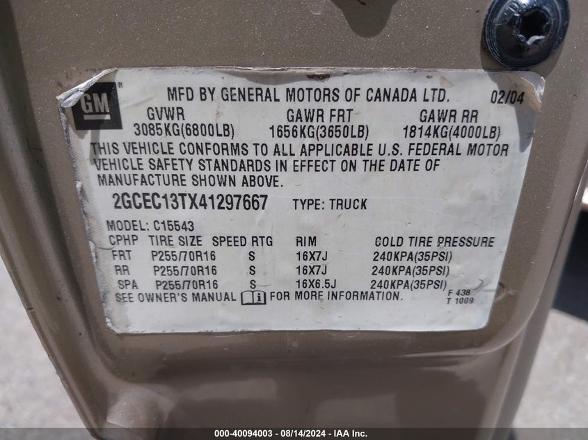 2004 Chevrolet Silverado 1500 Ls VIN: 2GCEC13TX41297667 Lot: 40094003