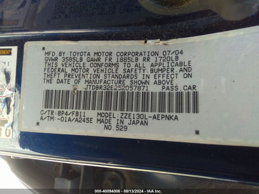 2005 Toyota Corolla Le VIN: JTDBR32E252057871 Lot: 40094006