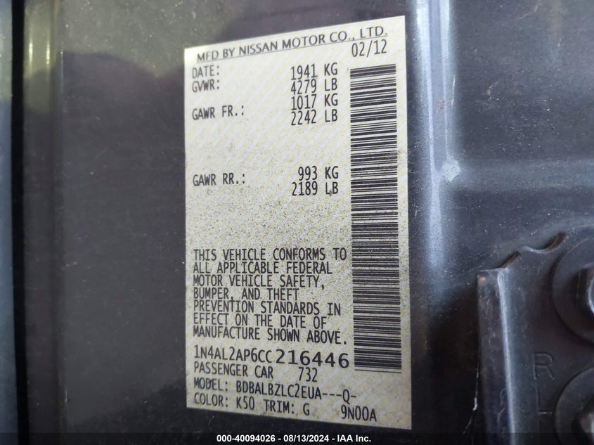 1N4AL2AP6CC216446 2012 Nissan Altima 2.5 S