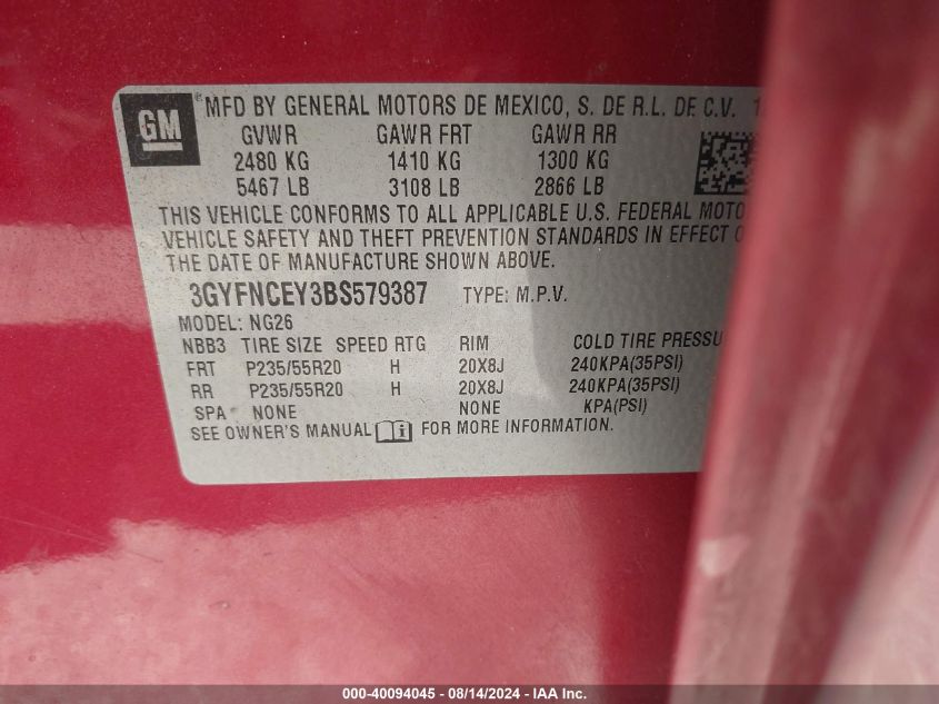2011 Cadillac Srx Premium Collection VIN: 3GYFNCEY3BS579387 Lot: 40094045