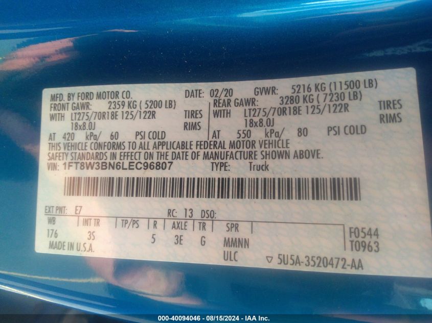 2020 Ford F350 Super Duty VIN: 1FT8W3BN6LEC96807 Lot: 40094046