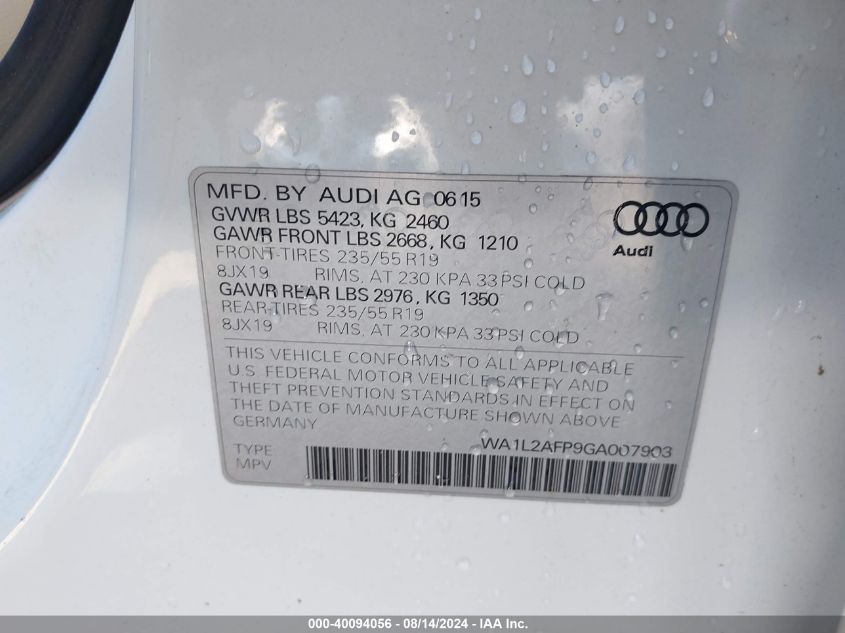 2016 Audi Q5 2.0T Premium VIN: WA1L2AFP9GA007903 Lot: 40094056