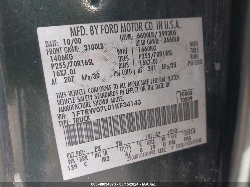 2001 Ford F-150 Harley-Davidson Edition/King Ranch Edition/Lariat/Xlt VIN: 1FTRW07L01KF34143 Lot: 40094073
