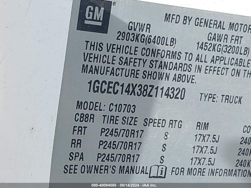 2008 Chevrolet Silverado 1500 Work Truck VIN: 1GCEC14X38Z114320 Lot: 40094080