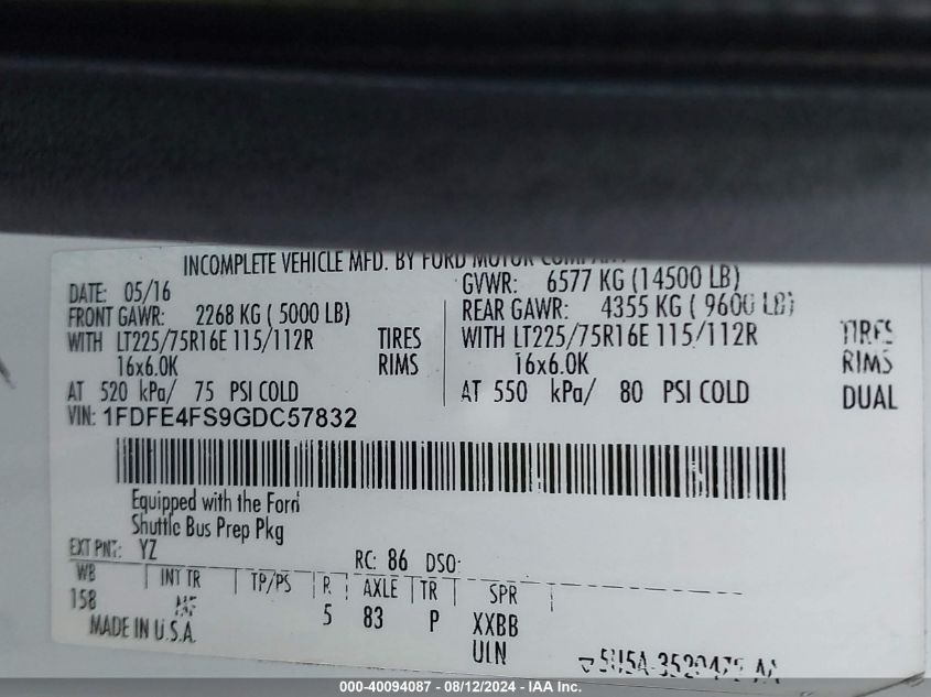 2016 Ford E-450 Cutaway VIN: 1FDFE4FS9GDC57832 Lot: 40094087